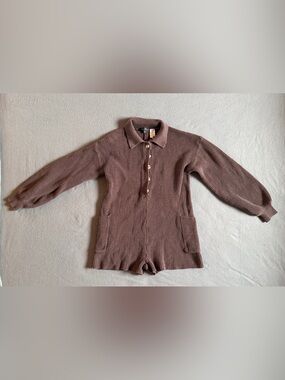 Blue Blush Knit Sweater RomperButton-Front Long Sleev in Mauve-Brown
